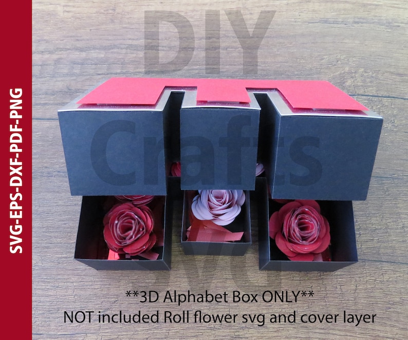 May include: A 3D alphabet box in the shape of the letter "M" with red and black paper. The box is open and has a red rose inside. The text "3D Alphabet Box ONLY" and "NOT included Roll flower svg and cover layer" is visible below the box.