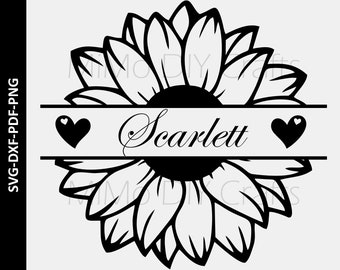 May include: Black and white sunflower design with the name "Scarlett" in a cursive font. Two black hearts flank the name. The design is suitable for SVG, DXF, PDF, and PNG formats.