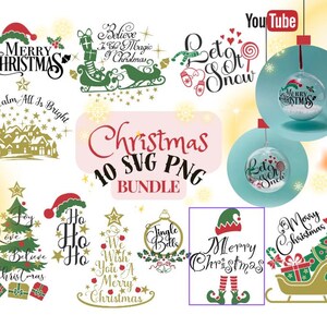 May include: A collection of Christmas-themed SVG and PNG designs. The image features various festive elements, including text that reads "Merry Christmas", Christmas trees, ornaments, and holiday phrases. The designs are in red, green, and gold.