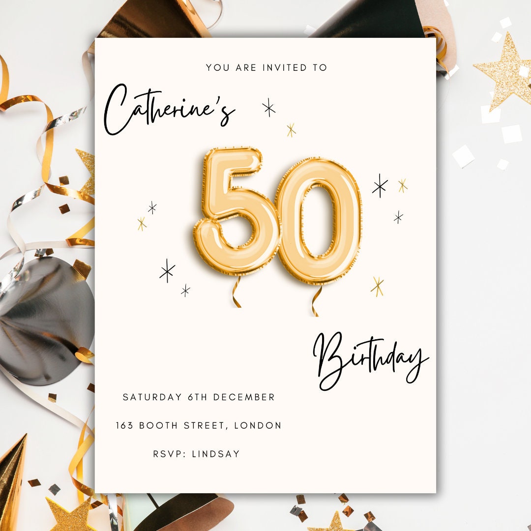 Personalised Birthday Party Invitation Evite Digital Download Gold 10 20 30 40 50 60 Balloon