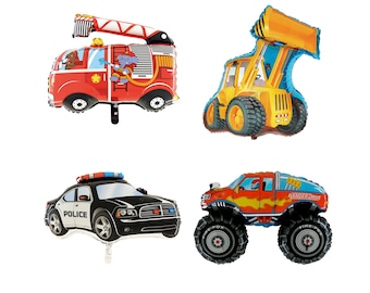 Auto Formfolie Luftballons Set – 7 Stück, XXL, Fahrzeug-Motive, Für Kindergeburtstag