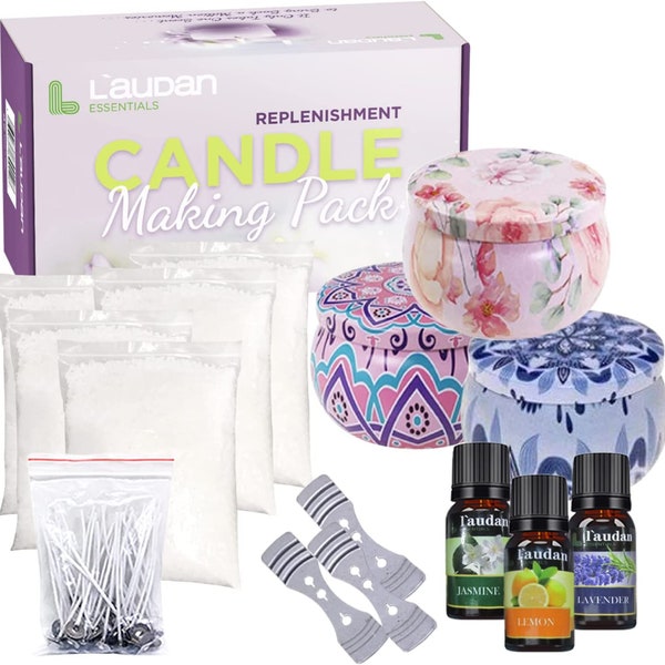 Candle Making Supplies Kit Bulk Natural Soy Wax Bulk, Cotton Wicks, Centering tools, Candle Tins, Fragrance Oils (Lemon, Lavender, Jasmine)