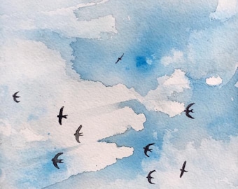 minimalistische Malerei, Original-Gemälde, Aquarell- und Federmalerei, Landschaft, Schwalben im Flug, handbemalt, Malerei, Himmel, Himmel,