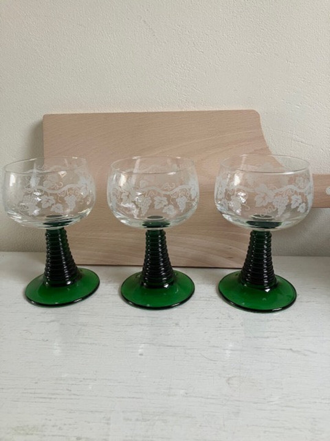 Set of Three Roemer Wine Glasses Green Base Engraved Grape Etsy