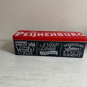 Langwerpig bewaarblik, tin, voor ontbijtkoek, peperkoek, van de Firma Peijnenburg