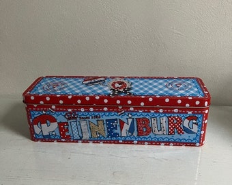 Peijnenburg koekblik, tin, decor rood wit blauw