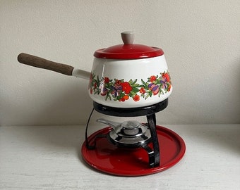 Poêle à fondue vintage, Rétro, rouge avec fleurs