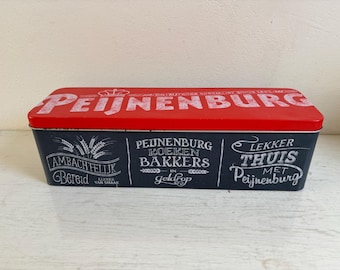 Langwerpig bewaarblik, tin, voor ontbijtkoek, peperkoek, van de Firma Peijnenburg