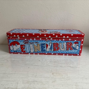 Peijnenburg koekblik, tin, decor rood wit blauw