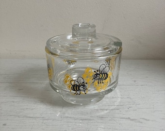 Pot de miel en verre, Italie, décor nid d'abeille avec abeilles