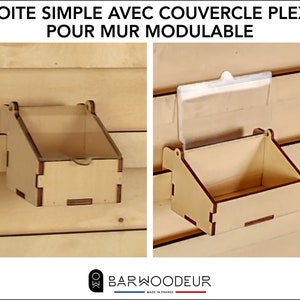 Peut inclure: Une boîte en bois clair avec un couvercle en plastique transparent. La boîte est conçue pour être montée sur un mur. La boîte est étiquetée "BOITE SIMPLE AVEC COUVERCLE PLEXI POUR MUR MODULABLE" et "BARWOODEUR MADE IN FRANCE".