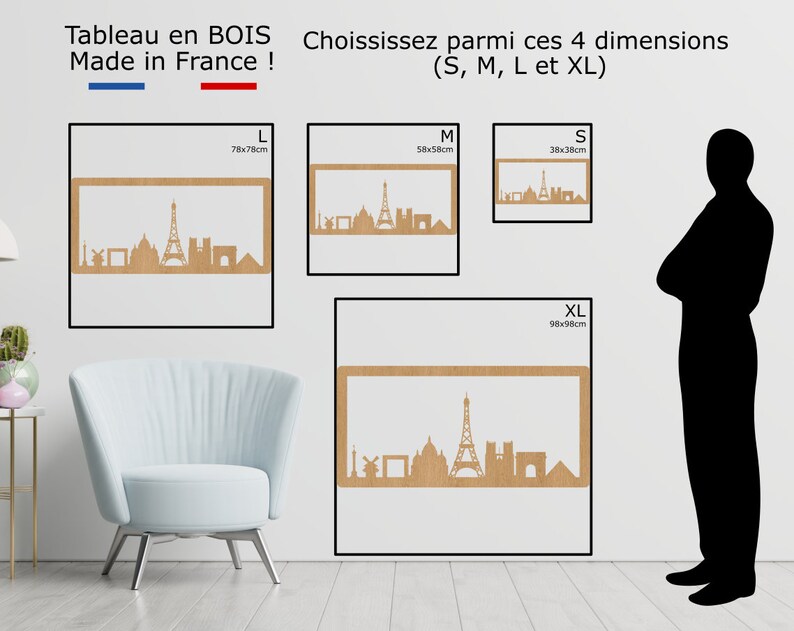 Op de afbeelding: Een houten uitsnijding van de skyline van Parijs in vier verschillende maten: klein (38x38 cm), middel (58x58 cm), groot (78x78 cm) en extra groot (98x98 cm). De uitsnijding is gemaakt van natuurlijk hout en heeft een lichtbruine kleur.