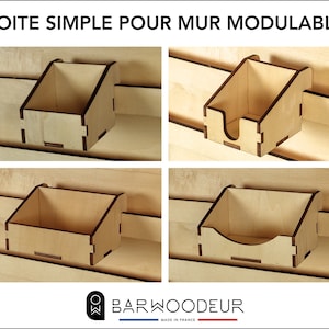 Peut inclure: Quatre boîtes en bois au design simple, deux avec un séparateur à l'intérieur, montées sur un mur en bois. Les boîtes sont en bois clair et ont une finition naturelle. Le texte "BOITE SIMPLE POUR MUR MODULABLE" est en haut de l'image.