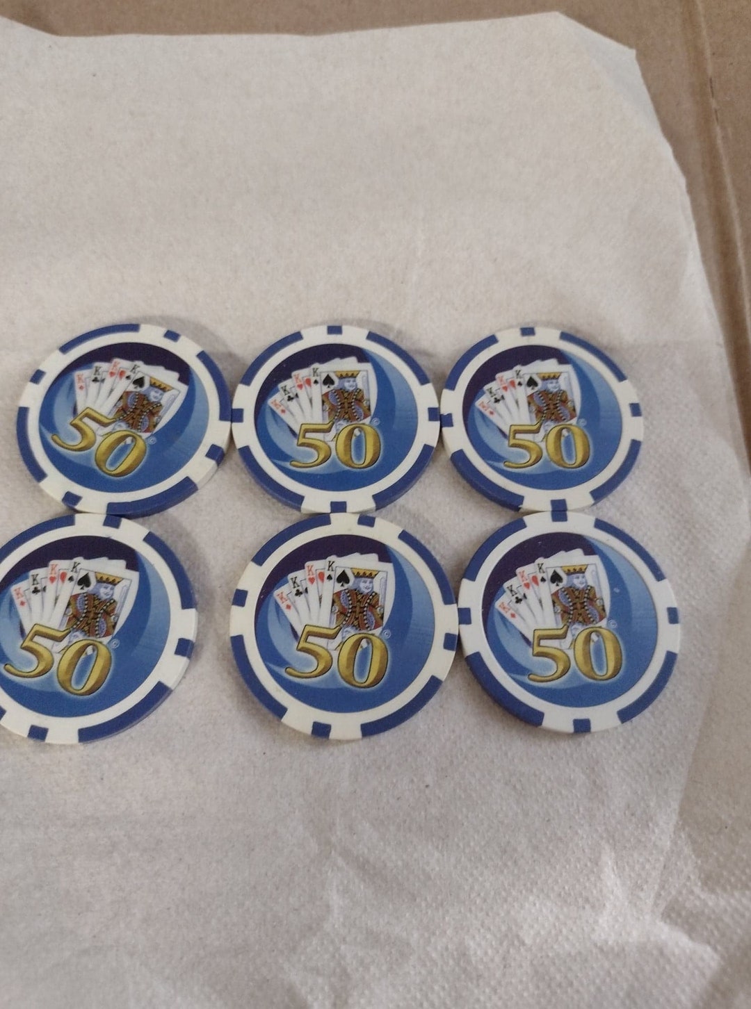 Seven Blue and White Poker Chips They All Say 50 Dollars on Etsy