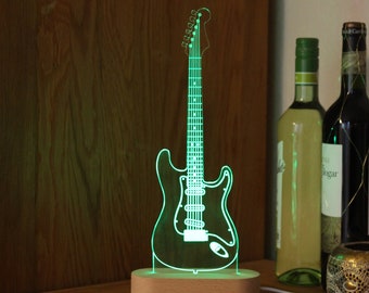 LED E-Gitarre als Deko oder Lampe, Holzsockel mit 10 verschiedenen Einstellungen