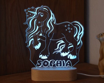 Einhorn als Lampe oder Deko und eingraviertem Namen, Holzsockel mit LED Beleuchtung