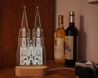 LED Lampe Kölner Dom mit Holz Sockel, 10 Farbeinstellungen