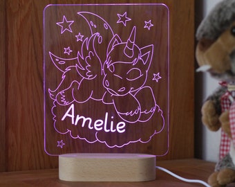 Einhorn Lampe mit Namensgravur und LED-Holzsockel