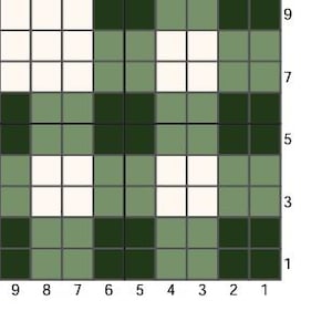 May include: A grid pattern with alternating squares of white, light green, and dark green. The grid is numbered along the sides, with numbers from 1 to 9. The pattern is a simple, geometric design.