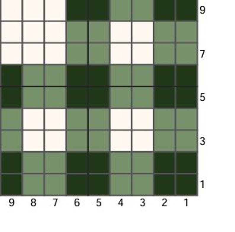 May include: A grid pattern with alternating squares of white, light green, and dark green. The grid is numbered along the sides, with numbers from 1 to 9. The pattern is a simple, geometric design.