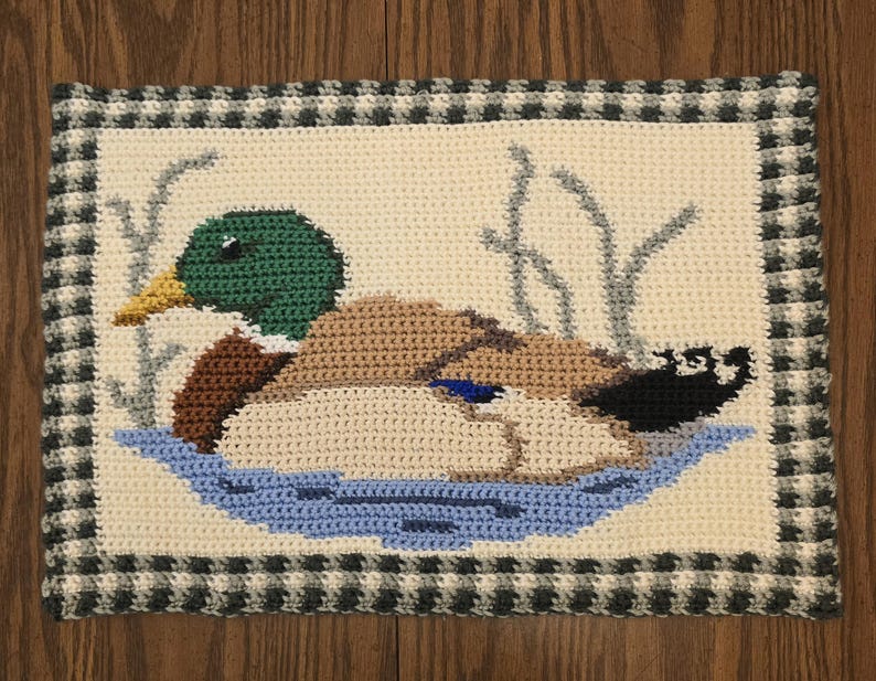 May include: Crocheted rectangular wall hanging featuring a mallard duck in a pond. The duck has a green head, brown body, and blue accents. The background is cream-colored with gray reeds, and a black and white checkered border.
