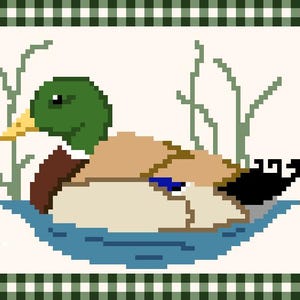 May include: A pixelated image of a duck in a pond, with a green head, brown body, and yellow beak. The duck is surrounded by blue water and green reeds, set against a cream background. The image is framed by a green and white checkered border.
