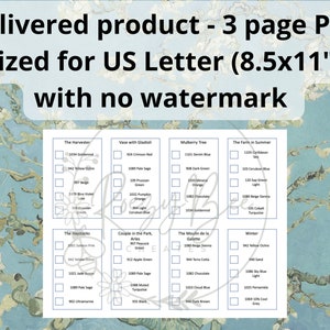May include: A printable PDF document with color swatches for different shades of blue, green, orange, red, and brown. The document includes the names of the colors and the corresponding numbers. The document is titled "The Harvester", "Vase with Gladioli", "Mulberry Tree", "The Farm in Summer", "The Haystacks", "Couple in the Park Arles", "The Moulin de la Galette", and "Winter".