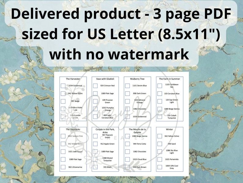 May include: A printable PDF document with color swatches for different shades of blue, green, orange, red, and brown. The document includes the names of the colors and the corresponding numbers. The document is titled "The Harvester", "Vase with Gladioli", "Mulberry Tree", "The Farm in Summer", "The Haystacks", "Couple in the Park Arles", "The Moulin de la Galette", and "Winter".