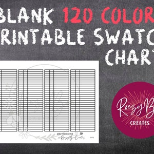 May include: A printable blank color swatch chart with 120 squares for color samples. The chart is divided into four columns. The text "JOIN THE BEEHIVE" and "Rozy Bee Creates" is at the bottom of the chart.
