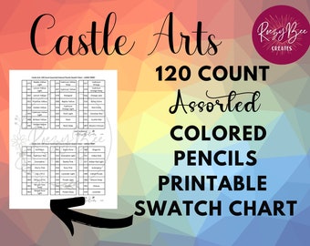 Könnte beinhalten: Druckbarer Farbmuster-Chart für 120 sortierte farbige Bleistifte. Die Tabelle listet die Farbnamen und -nummern für jeden Stift auf. Die Tabelle ist mit "Castle Arts 120 Count Assorted Colored Pencils Printable Swatch Chart" betitelt.