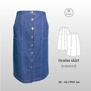May include: A blue denim skirt with a button-down front and a classic design. The skirt features visible stitching and pockets. The image also includes a pattern diagram and the text "Denim skirt Jeansrock".