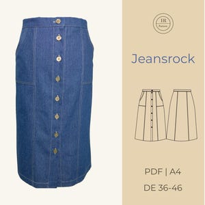 May include: A denim skirt with a button-up front and two front pockets. The skirt is a medium wash blue and has gold-colored buttons. The image also includes the text "Jeansrock" and a pattern diagram.