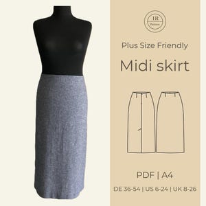 Könnte beinhalten: Ein grauer Midirock auf einer schwarzen Schaufensterpuppe. Der Rock ist im Bleistiftstil gehalten und reicht bis zur Mitte der Wade. Das Bild enthält auch eine Grafik mit dem Text "Plus Size Friendly Midi skirt" und Größenangaben.