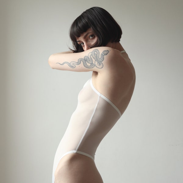 Picot mesh Bodysuit ‧ White see through Bodysuit. Transparent Bodysuit stocking. Delicate Bodysuit.  Fishnet Lingerie. Lingerie bodysuit