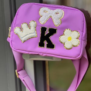 Personalised belt bag, fanny pack, bumbag with glitter letter and patches. Money bag, custom made, glitter chenille patches sewn on.