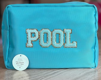 Personalised large travel pouch. Holiday bag, holiday pouch, personalised patch pouch. Pouch storage for holidays, letter patches sewn on.