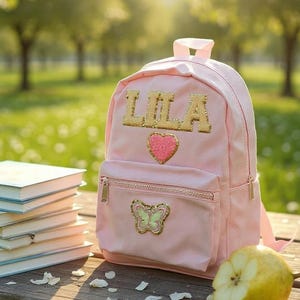 Personalised Toddler backpack, back to school, patch backpack, patches sewn on, glitter patches backpack.