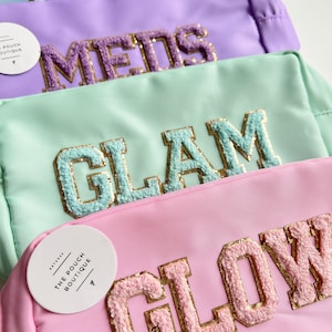 Small personalised nylon cosmetic pouch glitter sewn on letters, preppy pouch, patch pouch, varsity letters, makeup bag, bridesmaid gift.