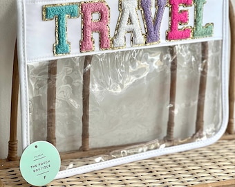 Clear pouch personalised nylon cosmetic pouch glitter sewn on letters, preppy pouch, transparent patch pouch, varsity letters, makeup bag,