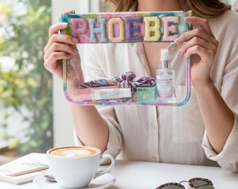 Clear pouch personalised nylon cosmetic pouch glitter sewn on letters, preppy pouch, transparent patch pouch, varsity letters, makeup bag,