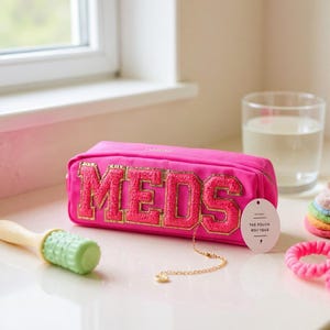 Personalised nylon cosmetic pouch glitter sewn on letters, preppy pouch, patch pouch, varsity letters, makeup bag, pencil case, Sewn patches