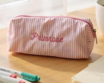Seersucker pencil case with name or initials embroidered on. Back to school pencil case. Children&#39;s and adults embroidered pencil case.