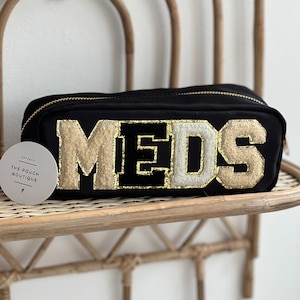 Personalised nylon cosmetic pouch glitter sewn on letters, preppy pouch, patch pouch, varsity letters, makeup bag, pencil case, Sewn patches