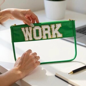Personalized Clear PVC Pouch: Glitter Varsity Letters, Preppy Cosmetic Bag