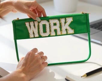 Personalized Clear PVC Pouch: Glitter Varsity Letters, Preppy Cosmetic Bag