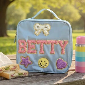 Personalised nylon lunchbox, glitter chenille patches sewn on, back to school lunchbox,kids fun lunchbox,custom made lunch bag,motif patches