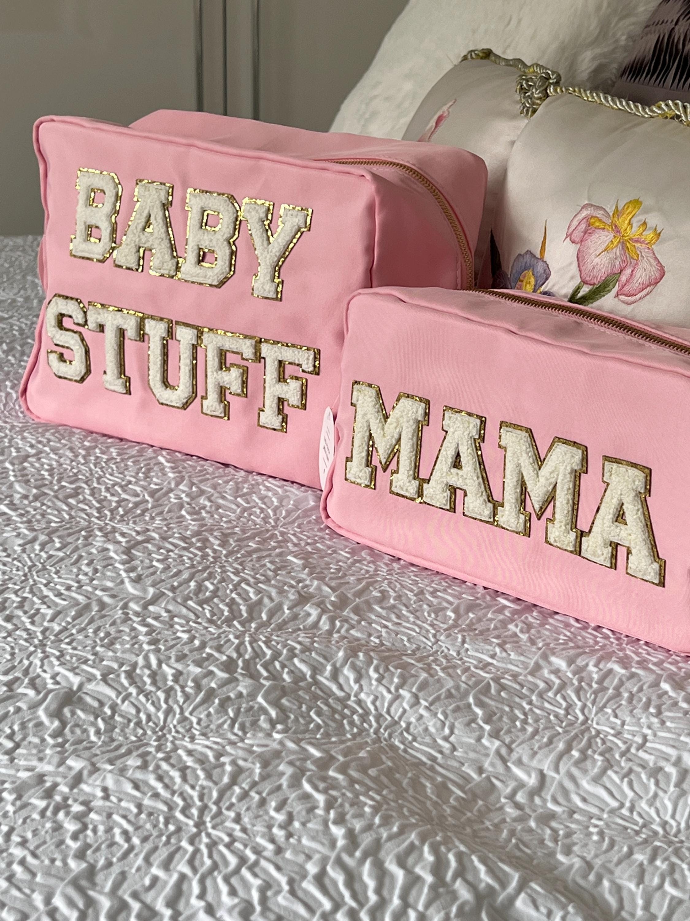Large Nylon Cosmetic Pouch, customised pouch, bespoke , varsity letters, nylon pouch, sewn on patches letters, makeup bag, baby gifts, mama
