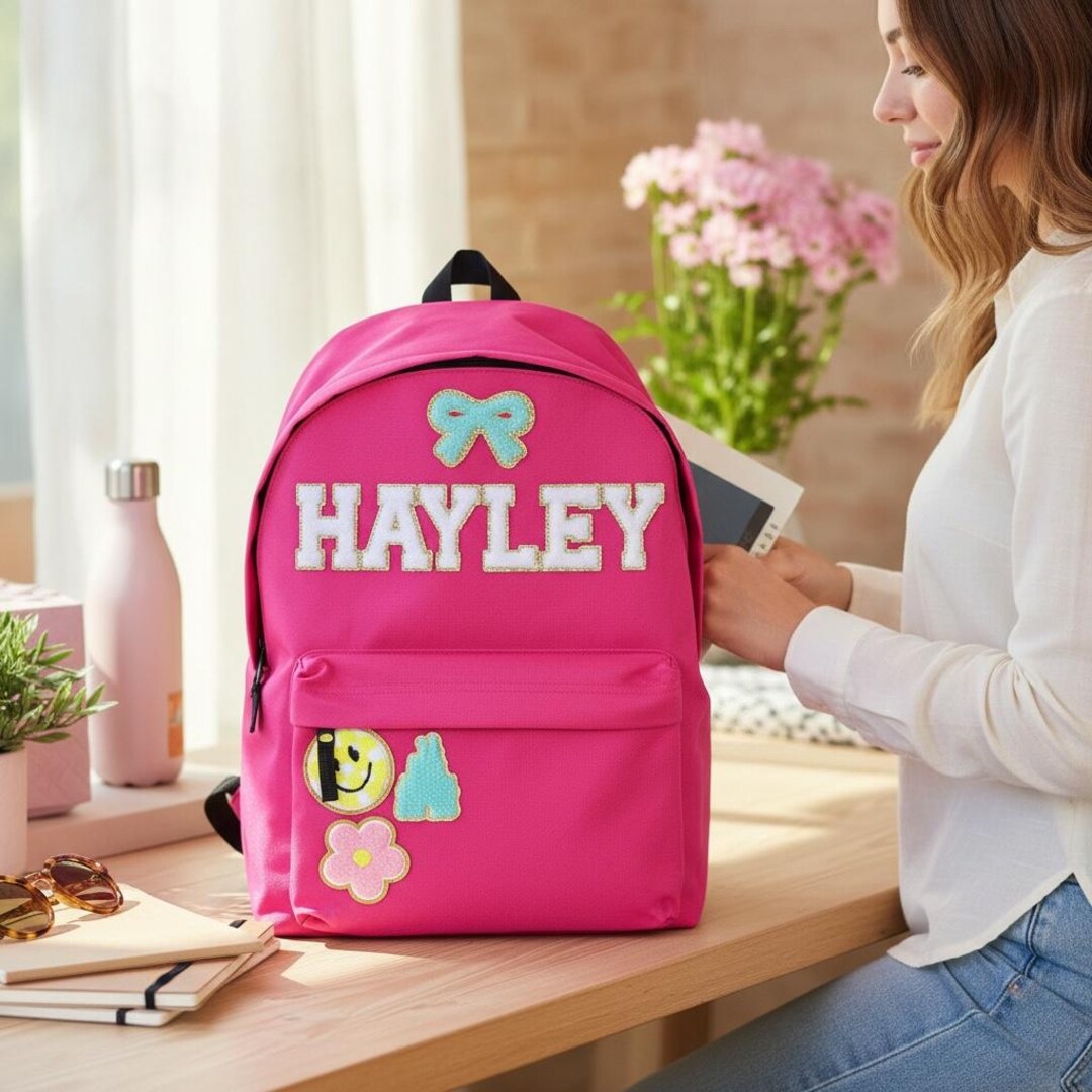Personalised Chenille Patch Backpack With Patches Sewn On. Custom Made ...