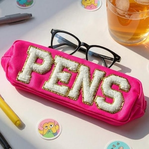 Pencil case with patches sewn on, glitter patches, back to school, pencil case, kids pencil case,school essentials, personalised,custom made