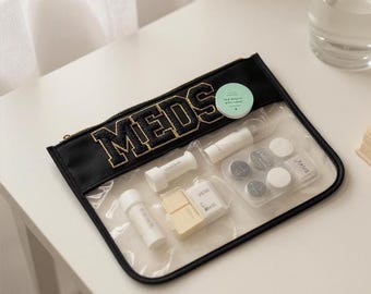 Personalised clear patch pouch, glitter chenille letter pouch, patch pouch sewn on letters, varsity letter bags, custom made, medicines bag.